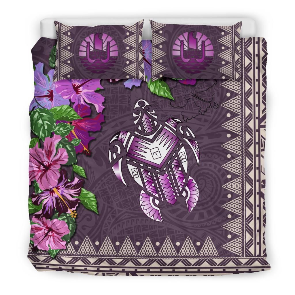 Polynesian Duvet Cover Set - Tahiti Bedding Set Turtle Hibiscus Purple