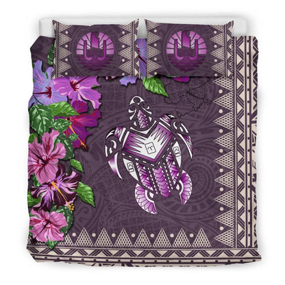 Polynesian Duvet Cover Set - Tahiti Bedding Set Turtle Hibiscus Purple