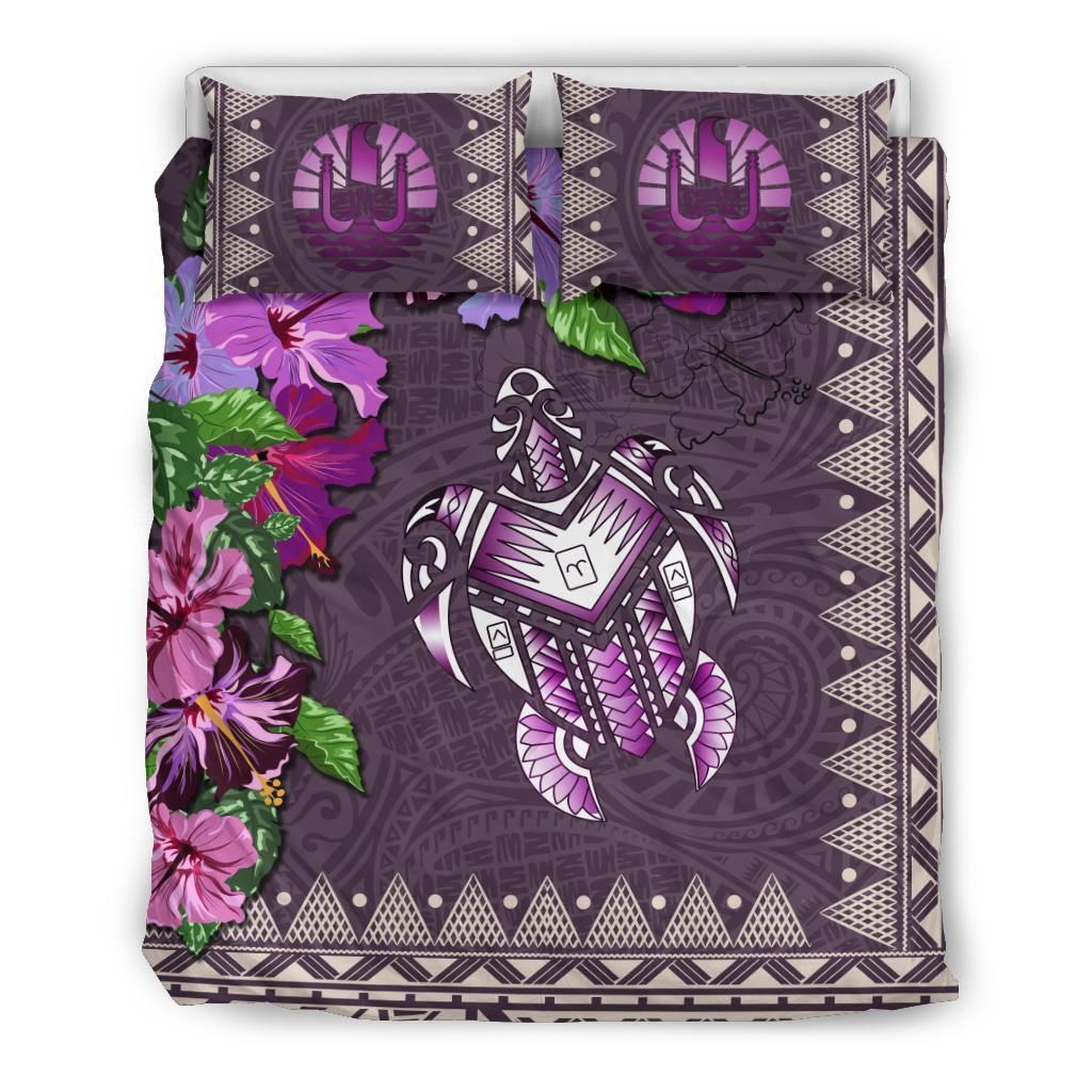 Polynesian Duvet Cover Set - Tahiti Bedding Set Turtle Hibiscus Purple