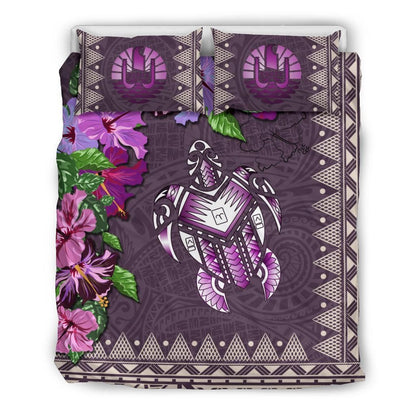 Polynesian Duvet Cover Set - Tahiti Bedding Set Turtle Hibiscus Purple