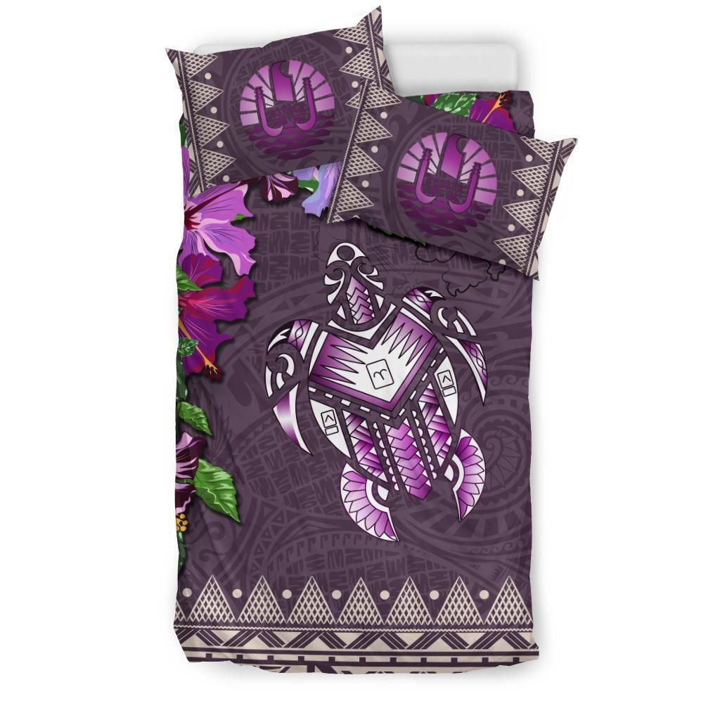Polynesian Duvet Cover Set - Tahiti Bedding Set Turtle Hibiscus Purple