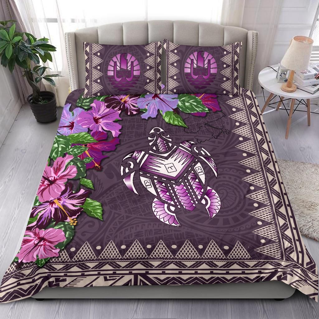 Polynesian Duvet Cover Set - Tahiti Bedding Set Turtle Hibiscus Purple