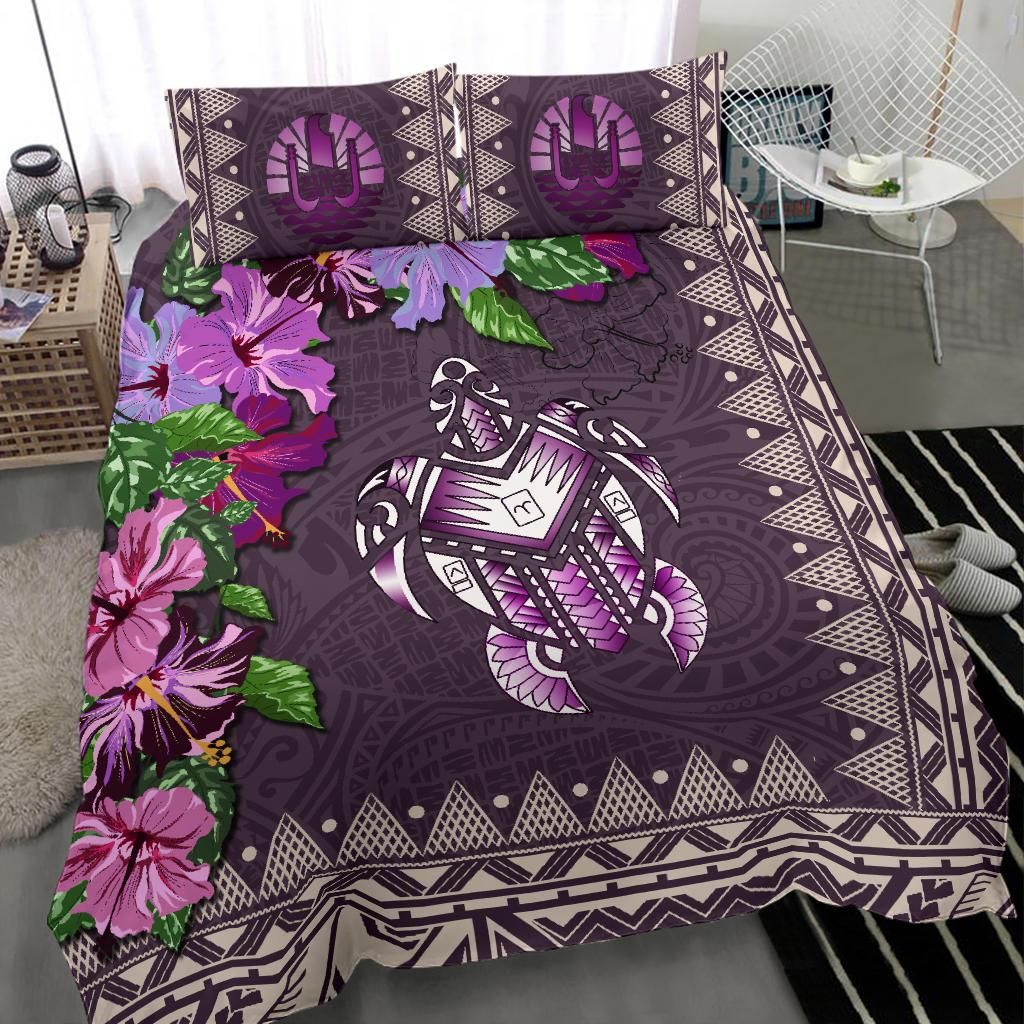 Polynesian Duvet Cover Set - Tahiti Bedding Set Turtle Hibiscus Purple