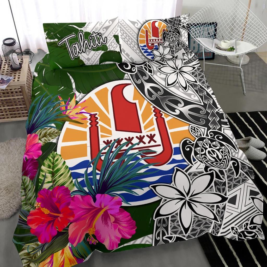 Tahiti Bedding Set White - Turtle Plumeria Banana Leaf