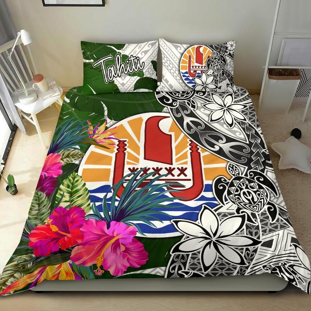 Tahiti Bedding Set White - Turtle Plumeria Banana Leaf
