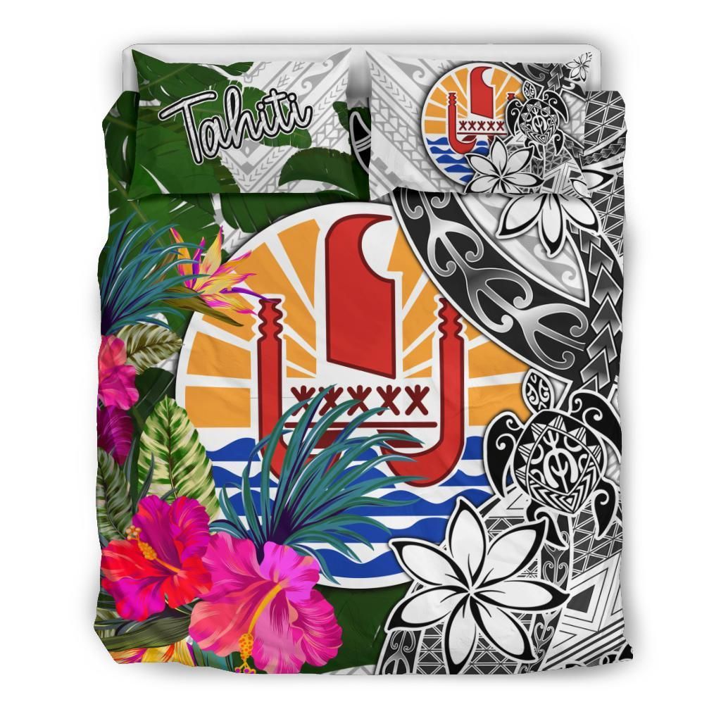 Tahiti Bedding Set White - Turtle Plumeria Banana Leaf