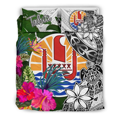 Tahiti Bedding Set White - Turtle Plumeria Banana Leaf