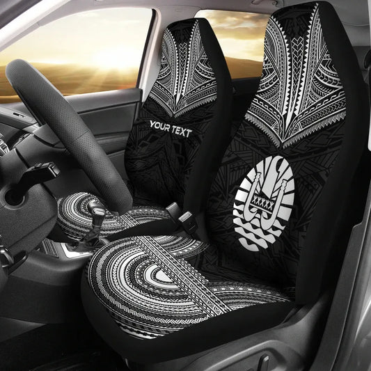 Tahiti Custom Personalised Car Seat Cover - Tahiti Flag Polynesian Chief Tattoo Black Version