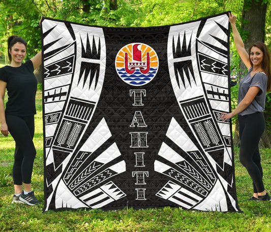 Tahiti Premium Quilt - Tahiti Flag Polynesian White Tattoo (Black)