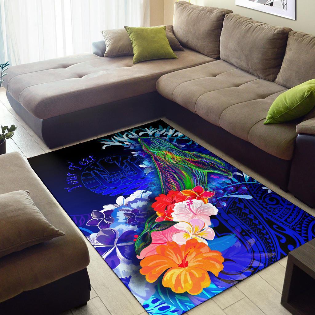 Tahiti Custom Personalised Area Rug - Humpback Whale with Tropical Flowers (Blue)