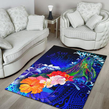 Tahiti Custom Personalised Area Rug - Humpback Whale with Tropical Flowers (Blue)