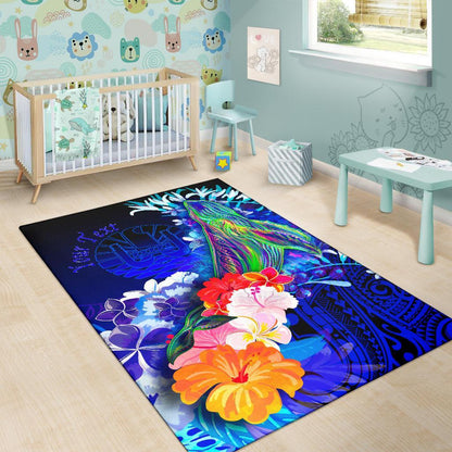 Tahiti Custom Personalised Area Rug - Humpback Whale with Tropical Flowers (Blue)