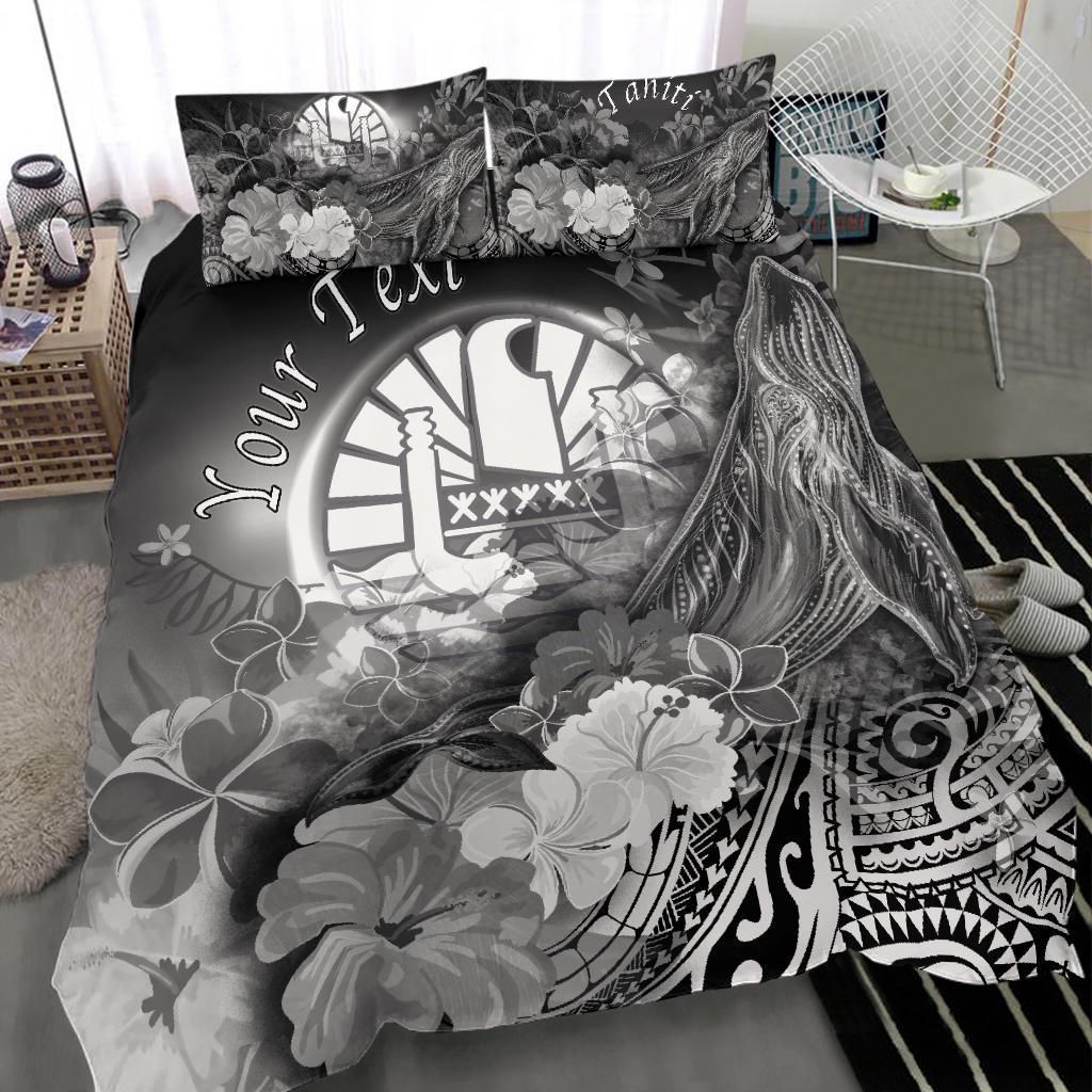 Tahiti Custom Personalised Bedding Set - Humpback Whale With Tropical Flowers (White)