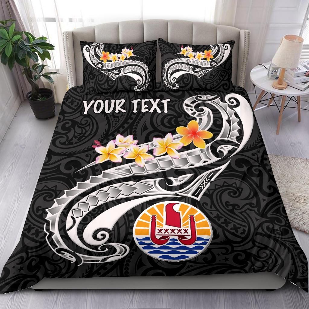 Tahiti Custom Personalised Bedding Set - Tahiti Seal Polynesian Patterns Plumeria (Black)