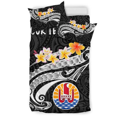 Tahiti Custom Personalised Bedding Set - Tahiti Seal Polynesian Patterns Plumeria (Black)