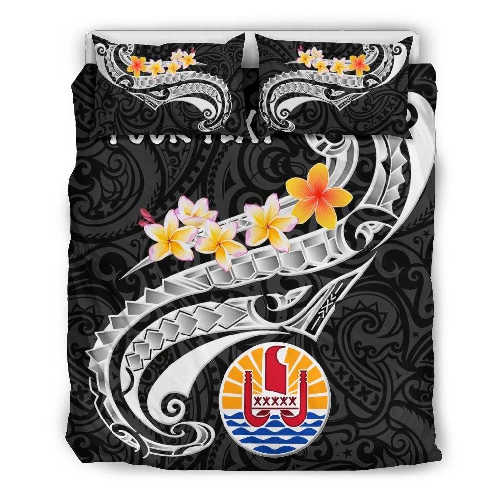 Tahiti Custom Personalised Bedding Set - Tahiti Seal Polynesian Patterns Plumeria (Black)