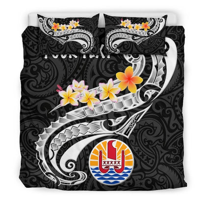 Tahiti Custom Personalised Bedding Set - Tahiti Seal Polynesian Patterns Plumeria (Black)