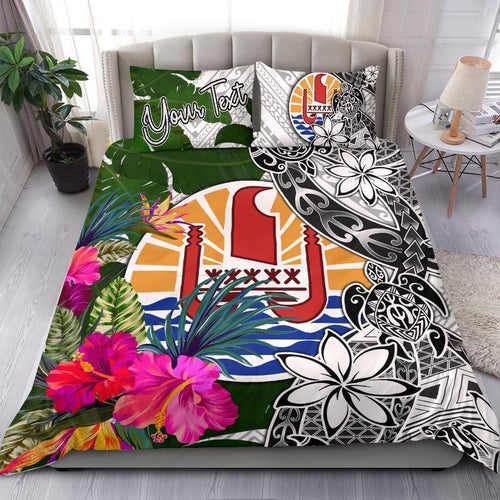 Tahiti Custom Personalised Bedding Set White - Turle Plumeria Banana Leaf