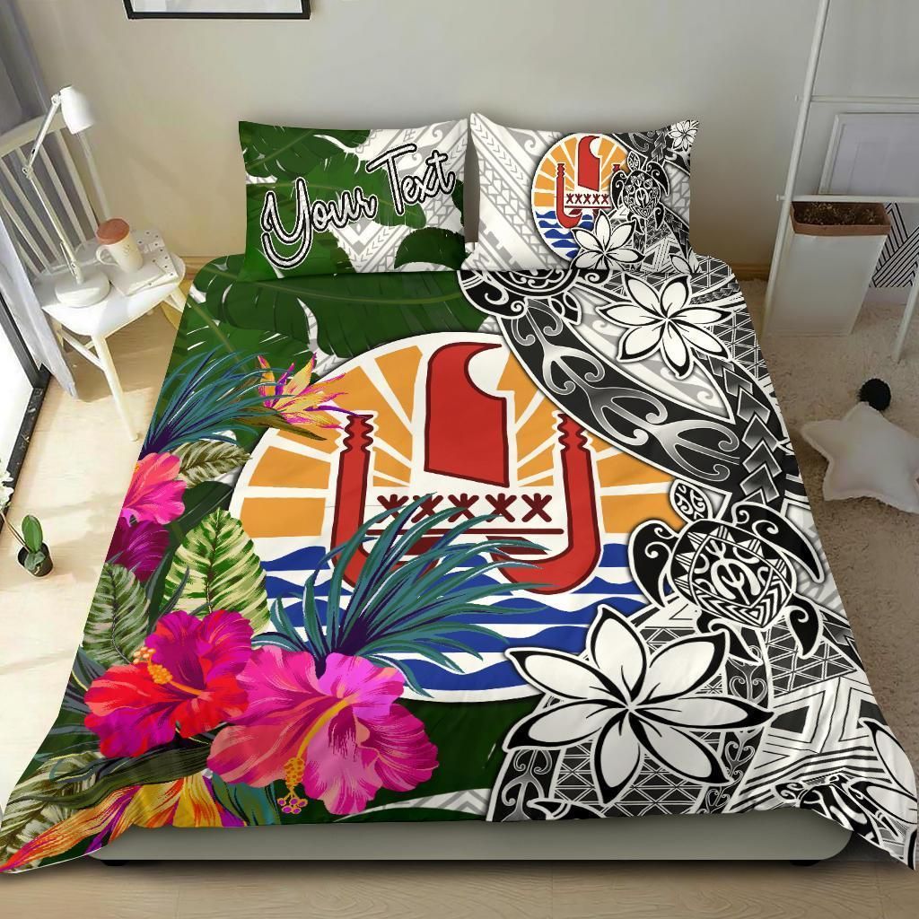 Tahiti Custom Personalised Bedding Set White - Turle Plumeria Banana Leaf