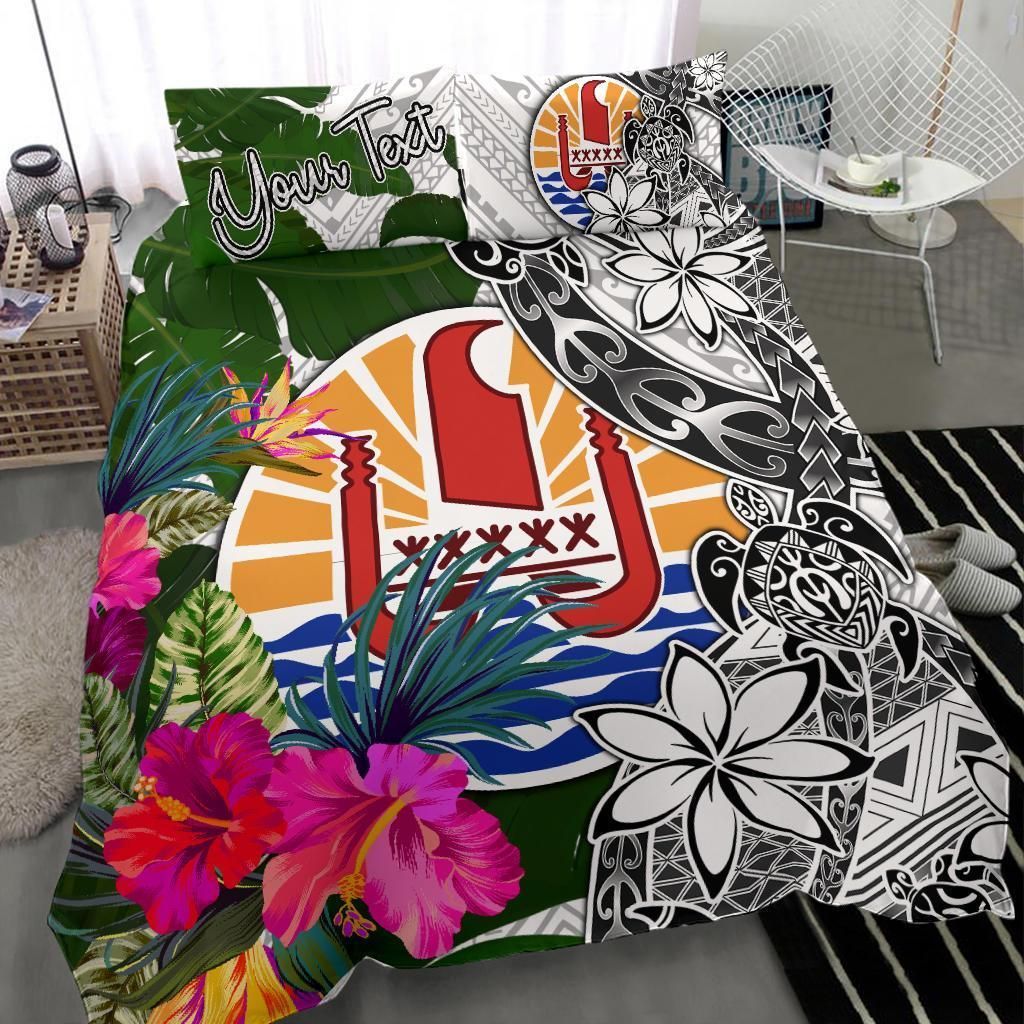 Tahiti Custom Personalised Bedding Set White - Turle Plumeria Banana Leaf