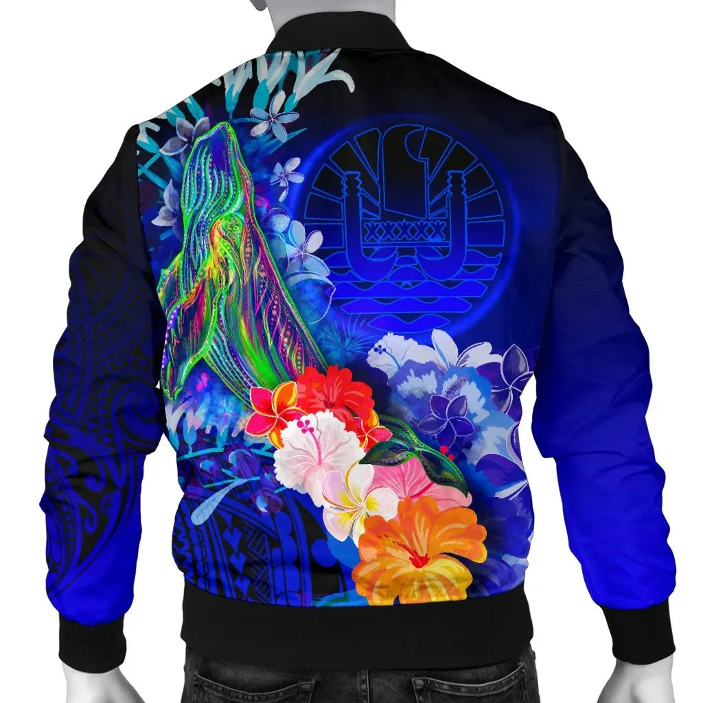 Tahiti Custom Personalised Bomber Jacket - Humpback Whale with Tropical Flowers (Blue)