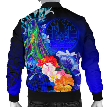Tahiti Custom Personalised Bomber Jacket - Humpback Whale with Tropical Flowers (Blue)