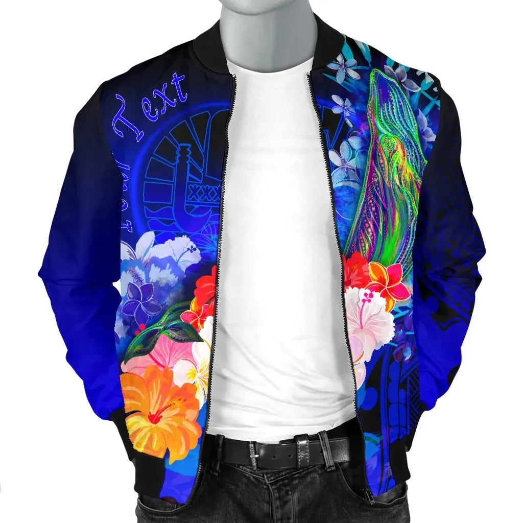 Tahiti Custom Personalised Bomber Jacket - Humpback Whale with Tropical Flowers (Blue)