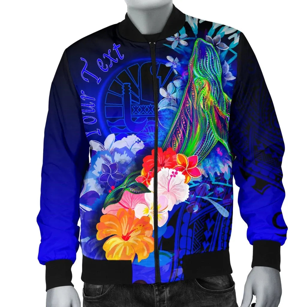 Tahiti Custom Personalised Bomber Jacket - Humpback Whale with Tropical Flowers (Blue)