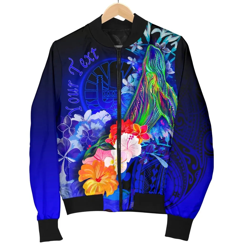 Tahiti Custom Personalised Bomber Jacket - Humpback Whale with Tropical Flowers (Blue)