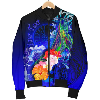 Tahiti Custom Personalised Bomber Jacket - Humpback Whale with Tropical Flowers (Blue)