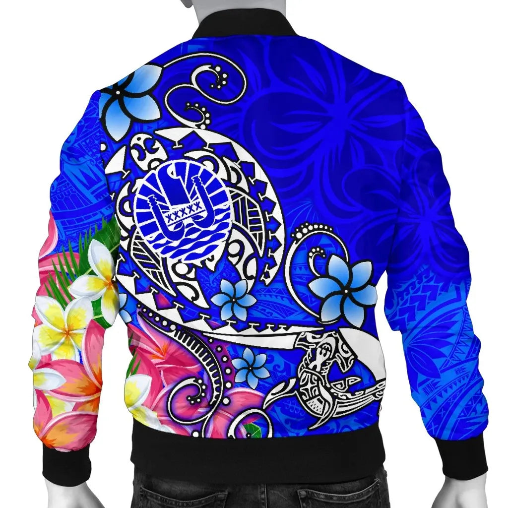 Tahiti Custom Personalised Bomber Jacket - Turtle Plumeria (Blue)