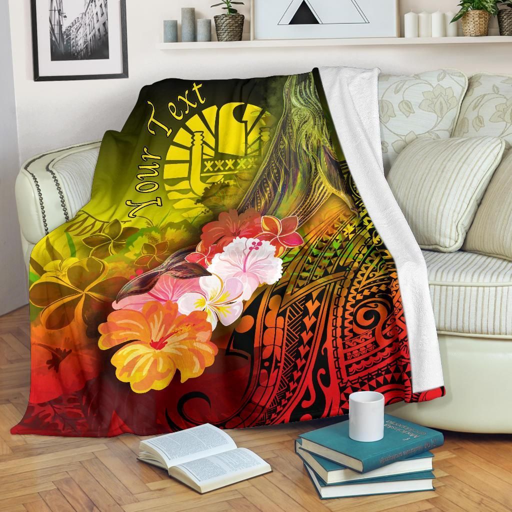 Tahiti Custom Personalised Premium Blanket - Humpback Whale with Tropical Flowers (Yellow)
