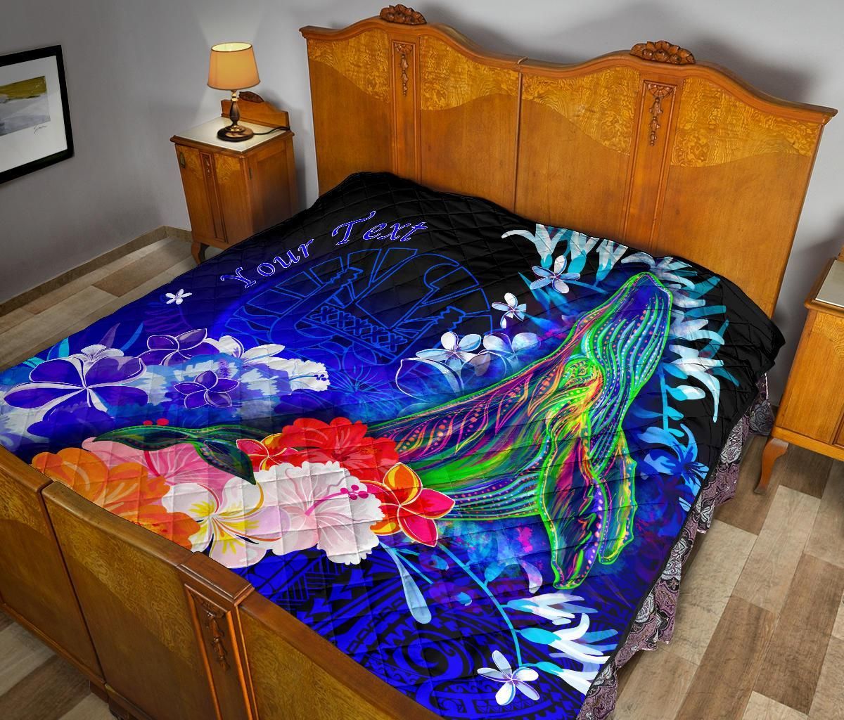 Tahiti Custom Personalised Premium Quilt - Humpback Whale with Tropical Flowers (Blue)