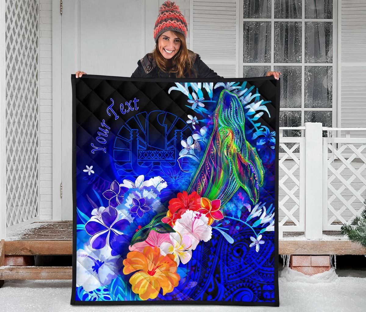 Tahiti Custom Personalised Premium Quilt - Humpback Whale with Tropical Flowers (Blue)