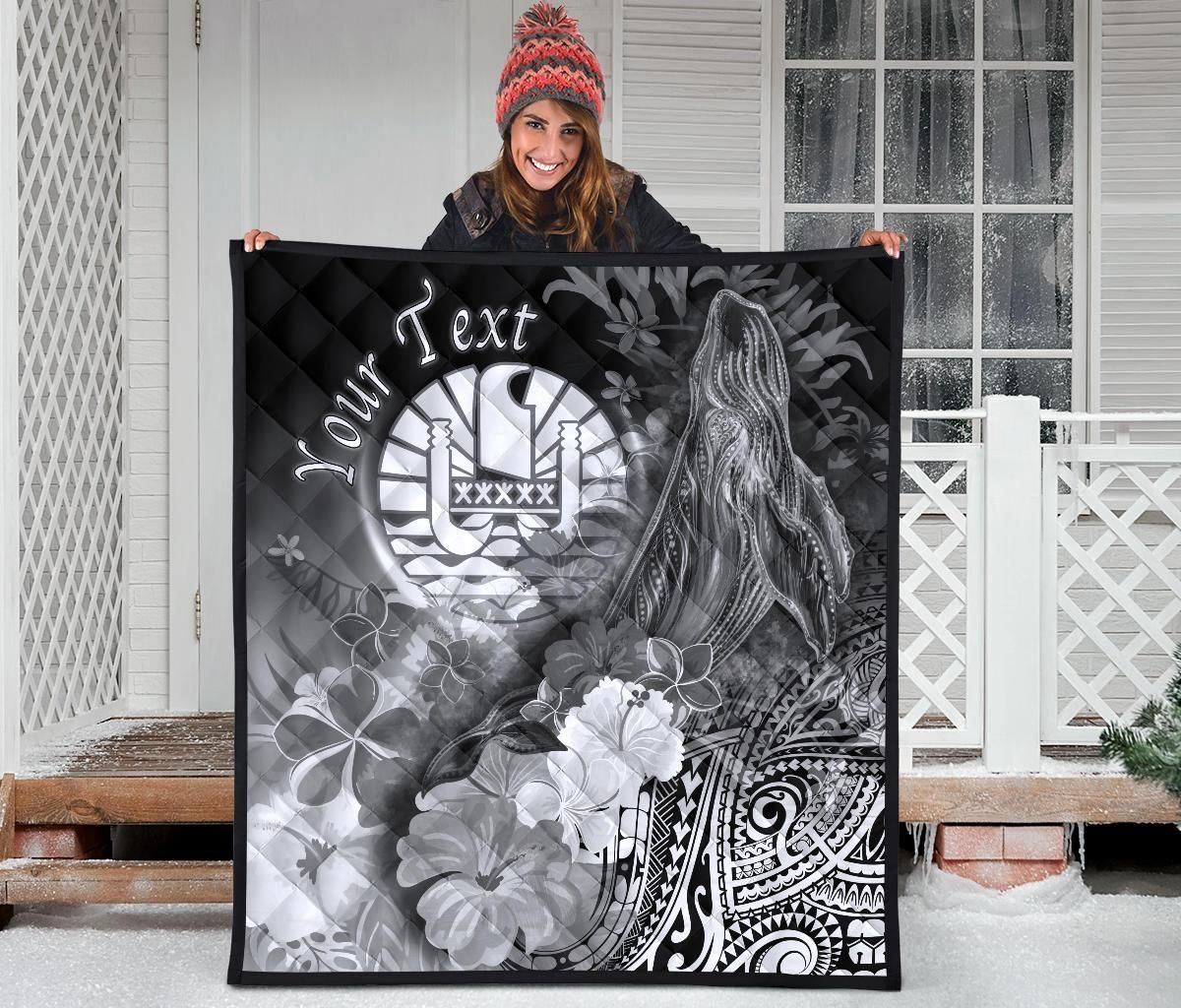 Tahiti Custom Personalised Premium Quilt - Humpback Whale with Tropical Flowers (White)