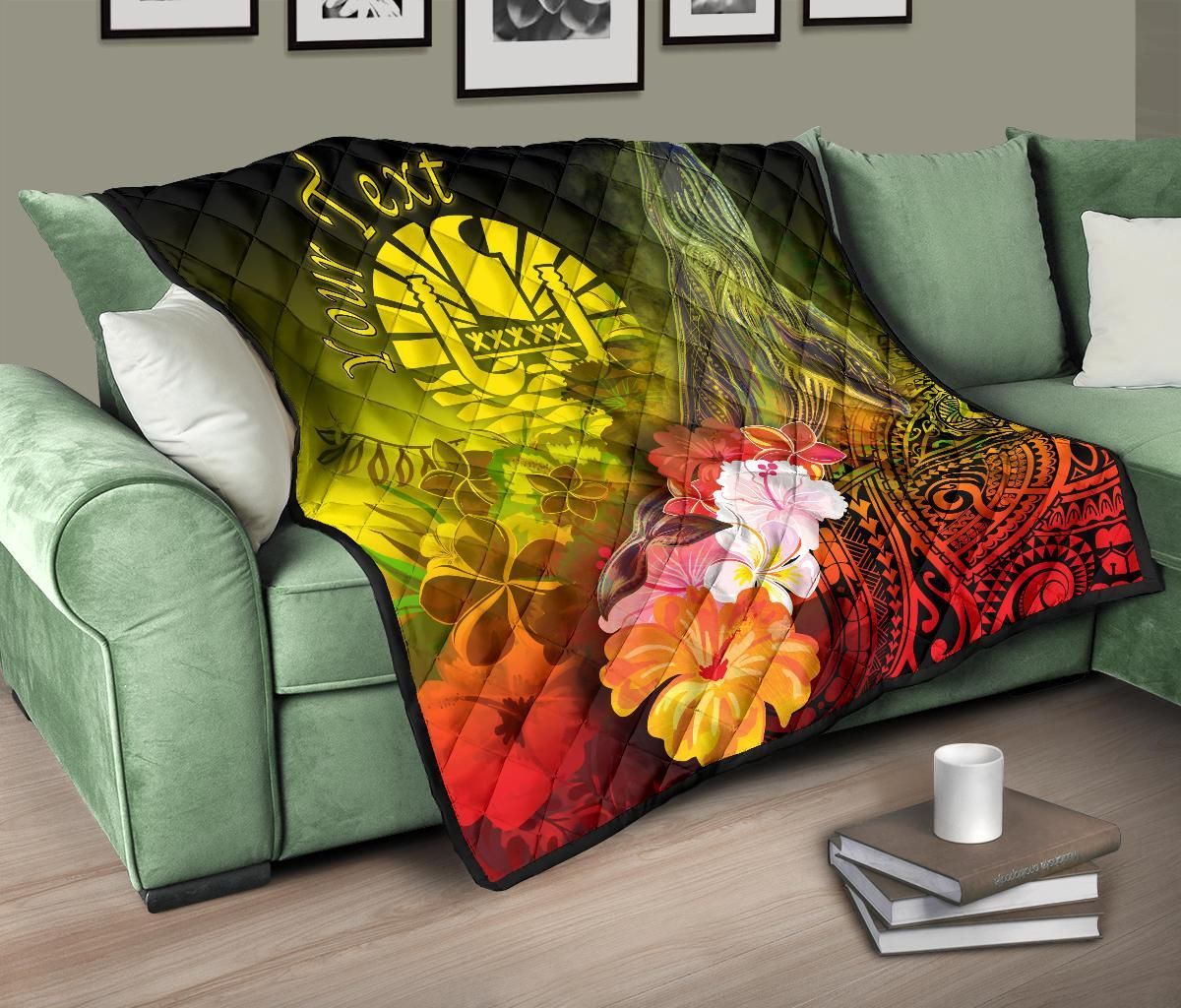 Tahiti Custom Personalised Premium Quilt - Humpback Whale with Tropical Flowers (Yellow)