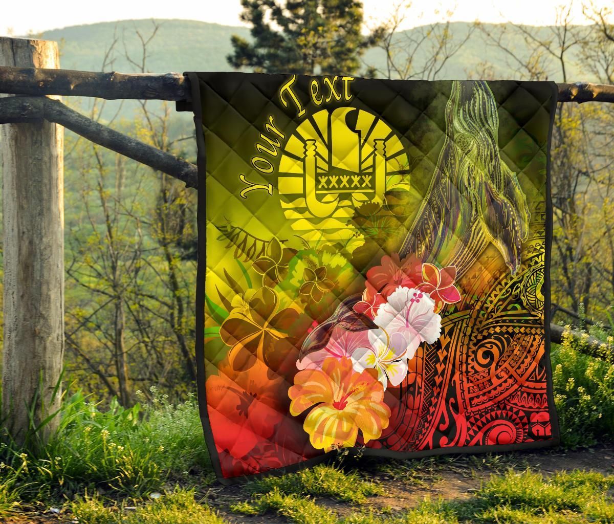 Tahiti Custom Personalised Premium Quilt - Humpback Whale with Tropical Flowers (Yellow)