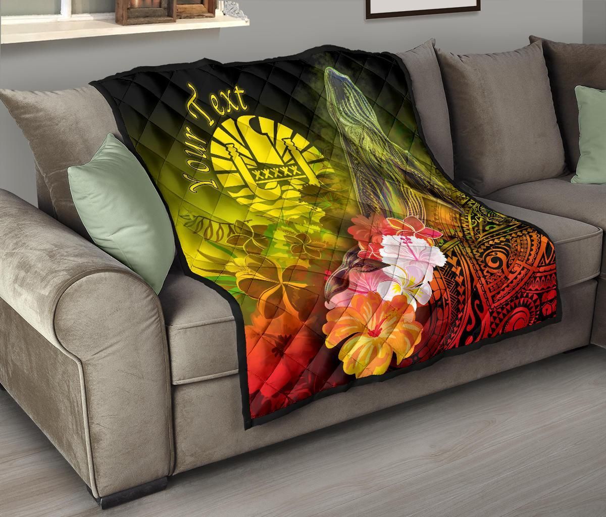 Tahiti Custom Personalised Premium Quilt - Humpback Whale with Tropical Flowers (Yellow)