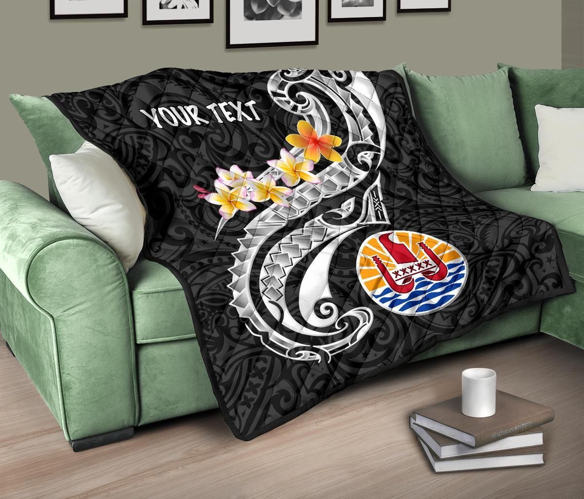 Tahiti Custom Personalised Premium Quilt - Tahiti Seal Polynesian Patterns Plumeria (Black)