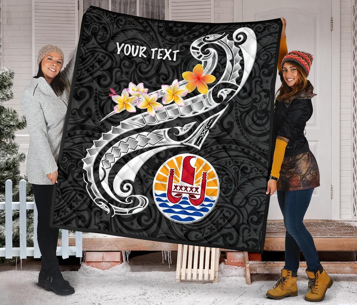 Tahiti Custom Personalised Premium Quilt - Tahiti Seal Polynesian Patterns Plumeria (Black)