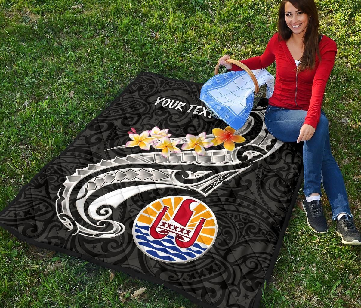 Tahiti Custom Personalised Premium Quilt - Tahiti Seal Polynesian Patterns Plumeria (Black)