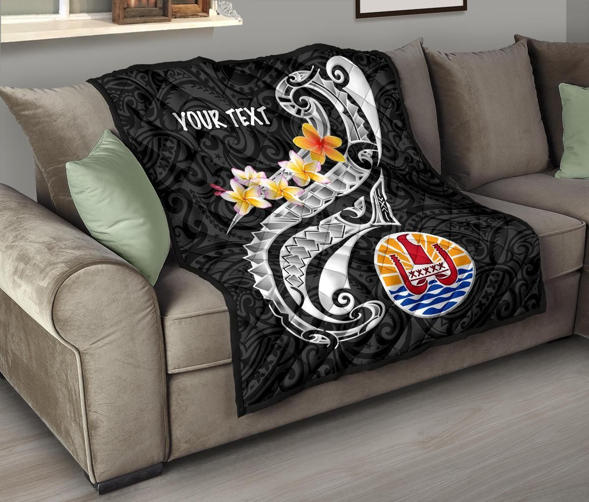 Tahiti Custom Personalised Premium Quilt - Tahiti Seal Polynesian Patterns Plumeria (Black)
