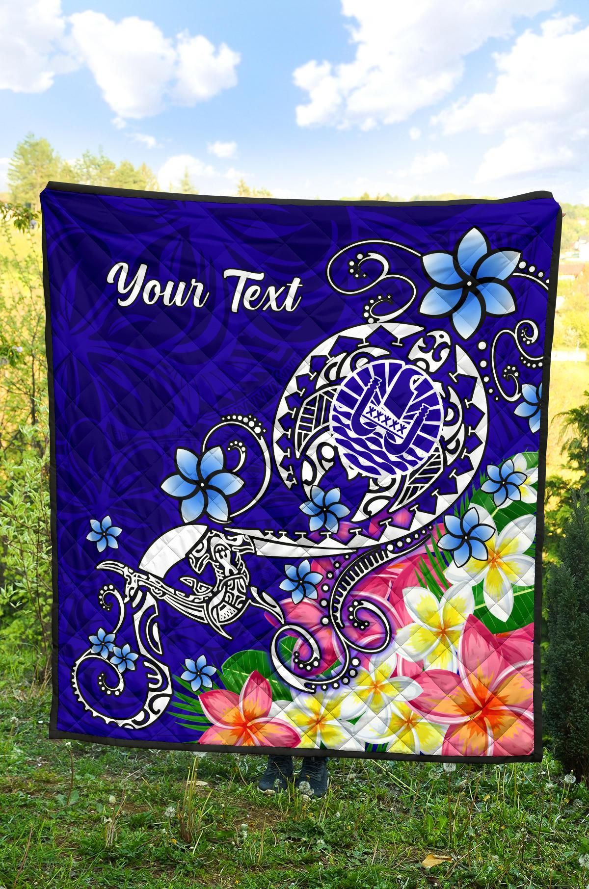 Tahiti Custom Personalised Premium Quilt - Turtle Plumeria (Blue)