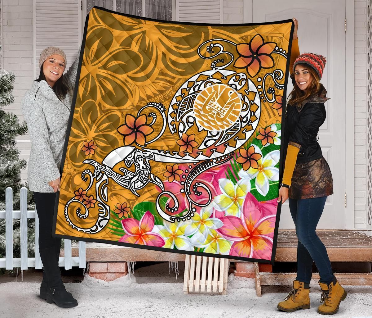 Tahiti Custom Personalised Premium Quilt - Turtle Plumeria (Gold)