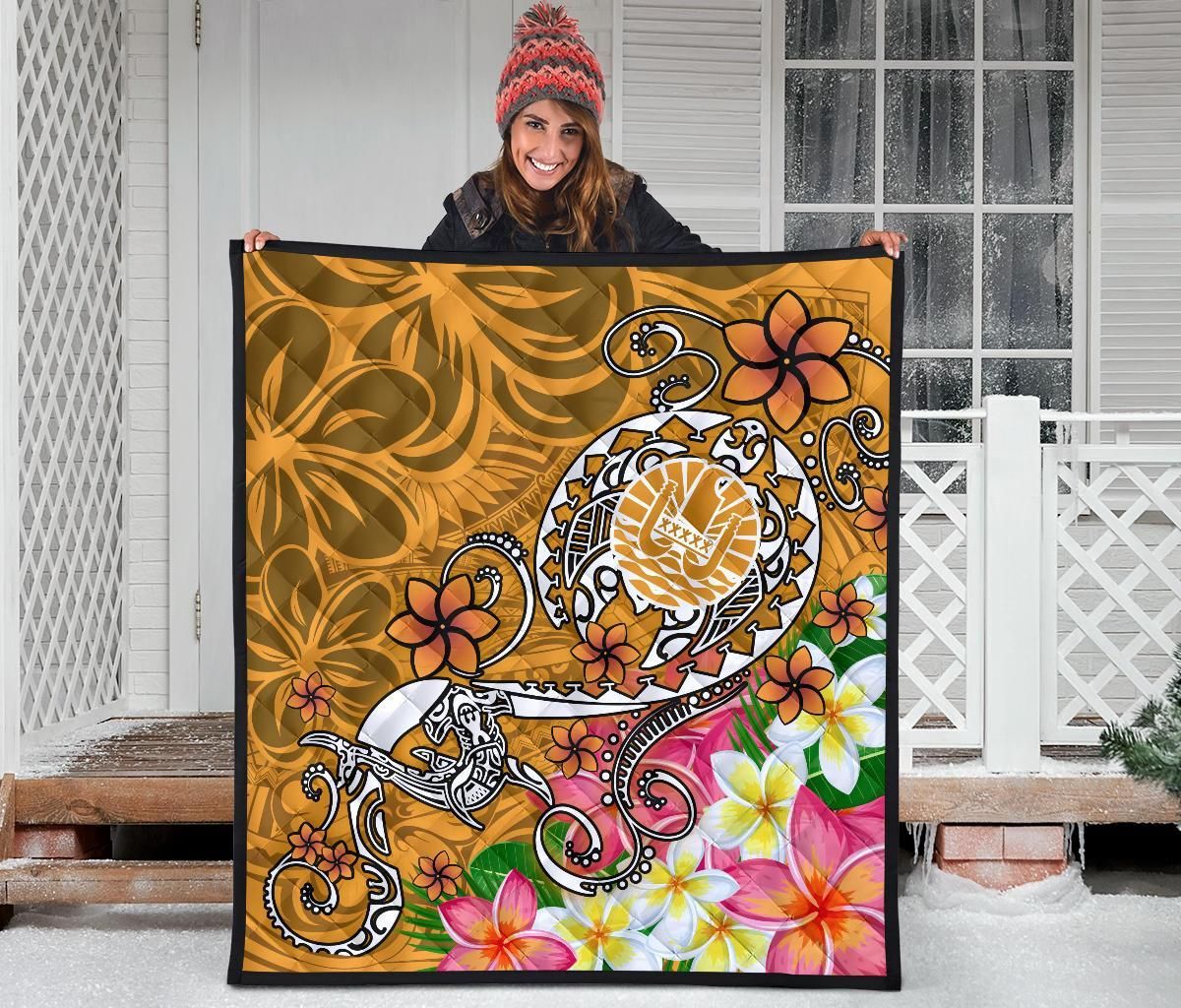 Tahiti Custom Personalised Premium Quilt - Turtle Plumeria (Gold)