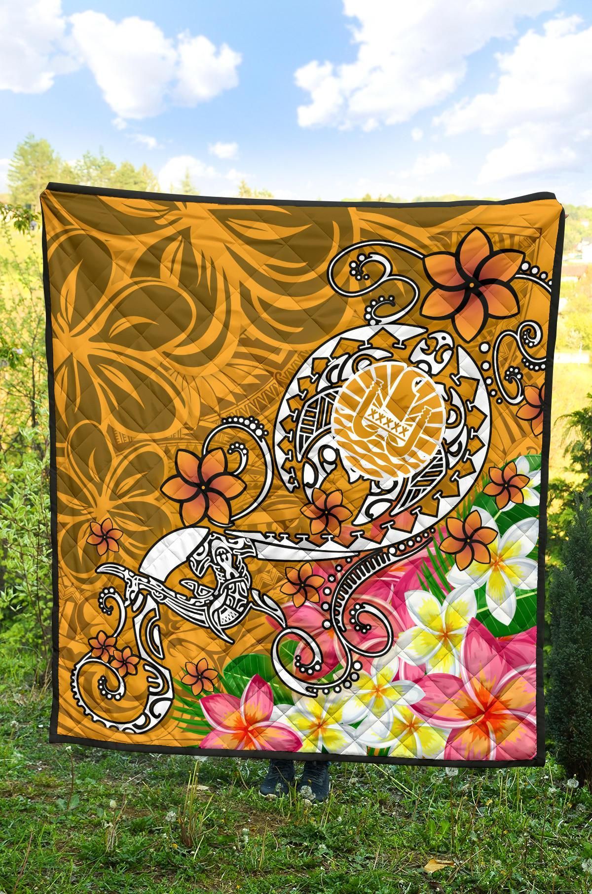 Tahiti Custom Personalised Premium Quilt - Turtle Plumeria (Gold)