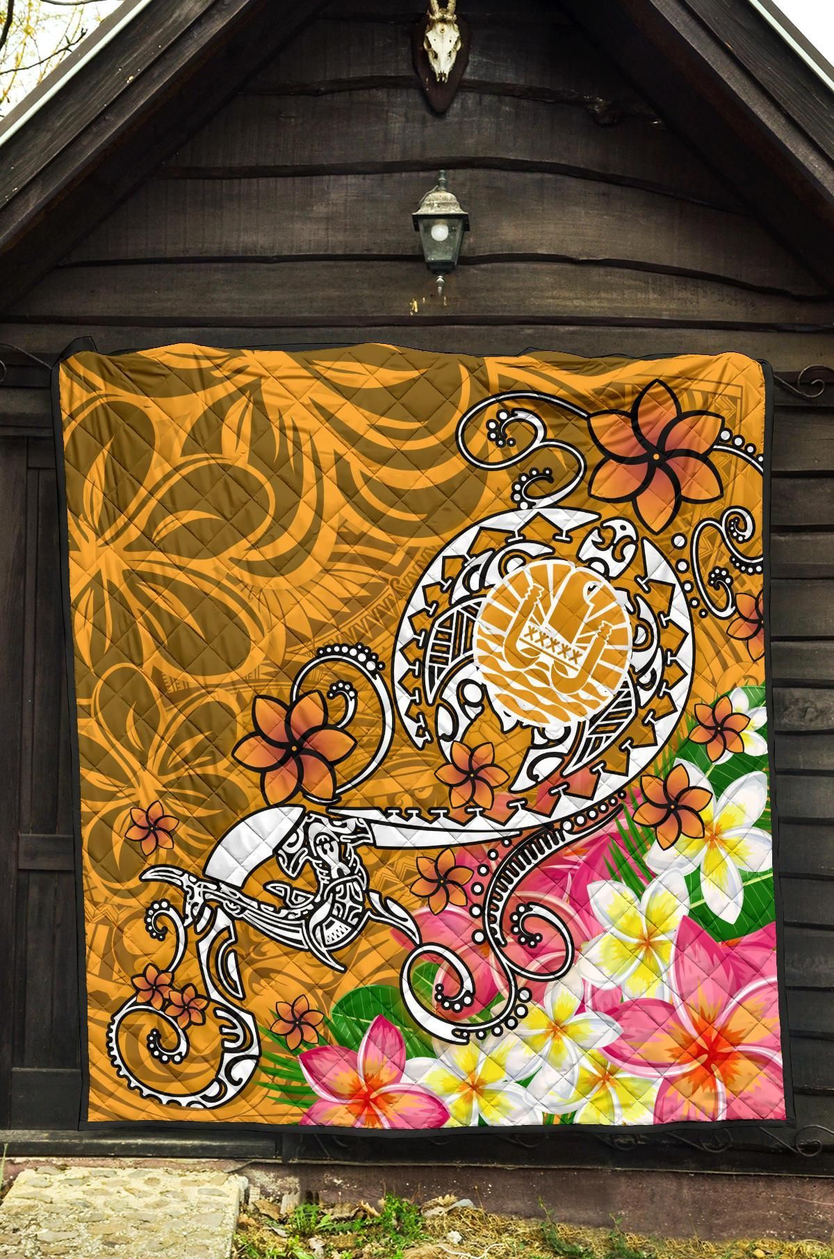 Tahiti Custom Personalised Premium Quilt - Turtle Plumeria (Gold)