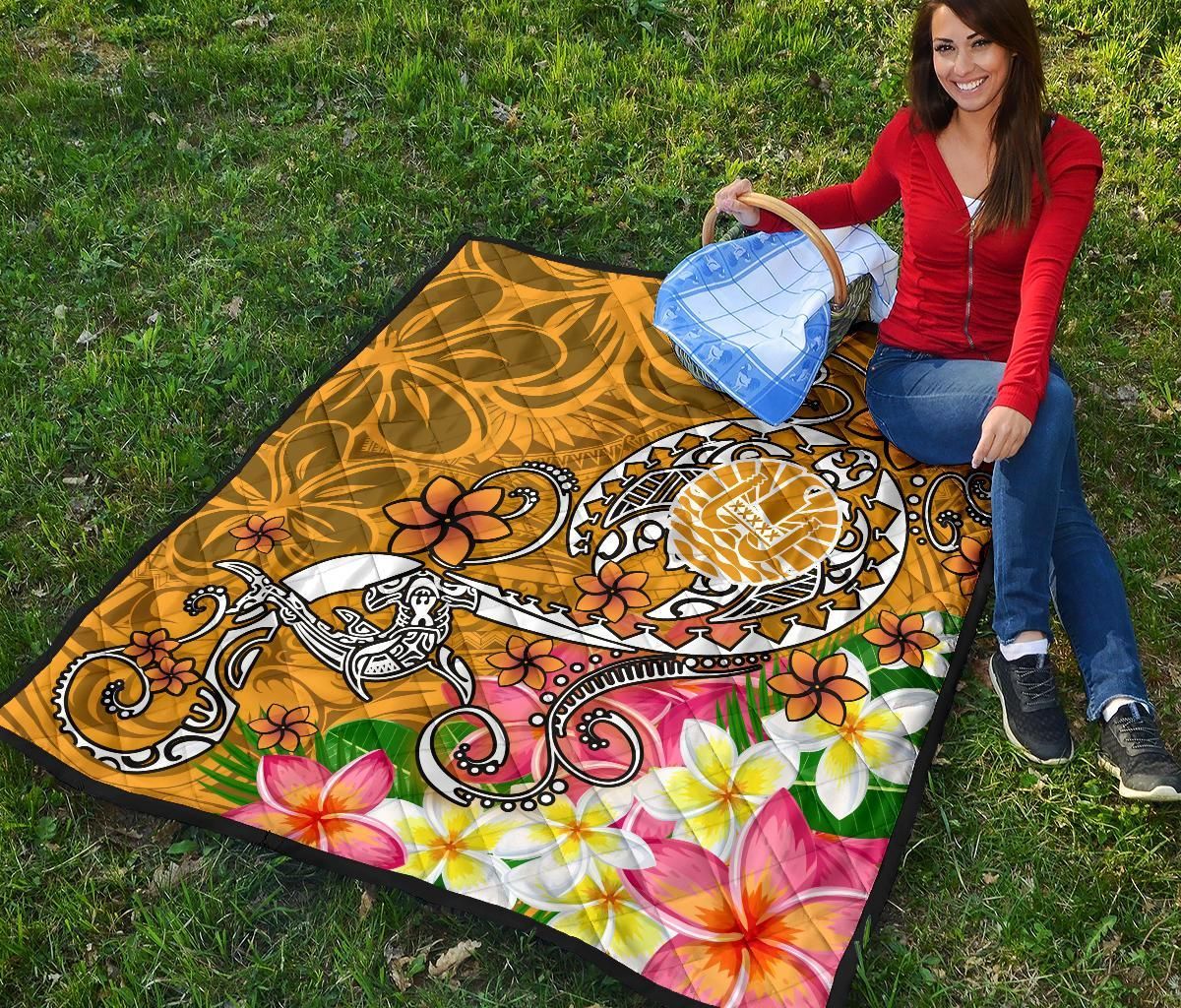Tahiti Custom Personalised Premium Quilt - Turtle Plumeria (Gold)
