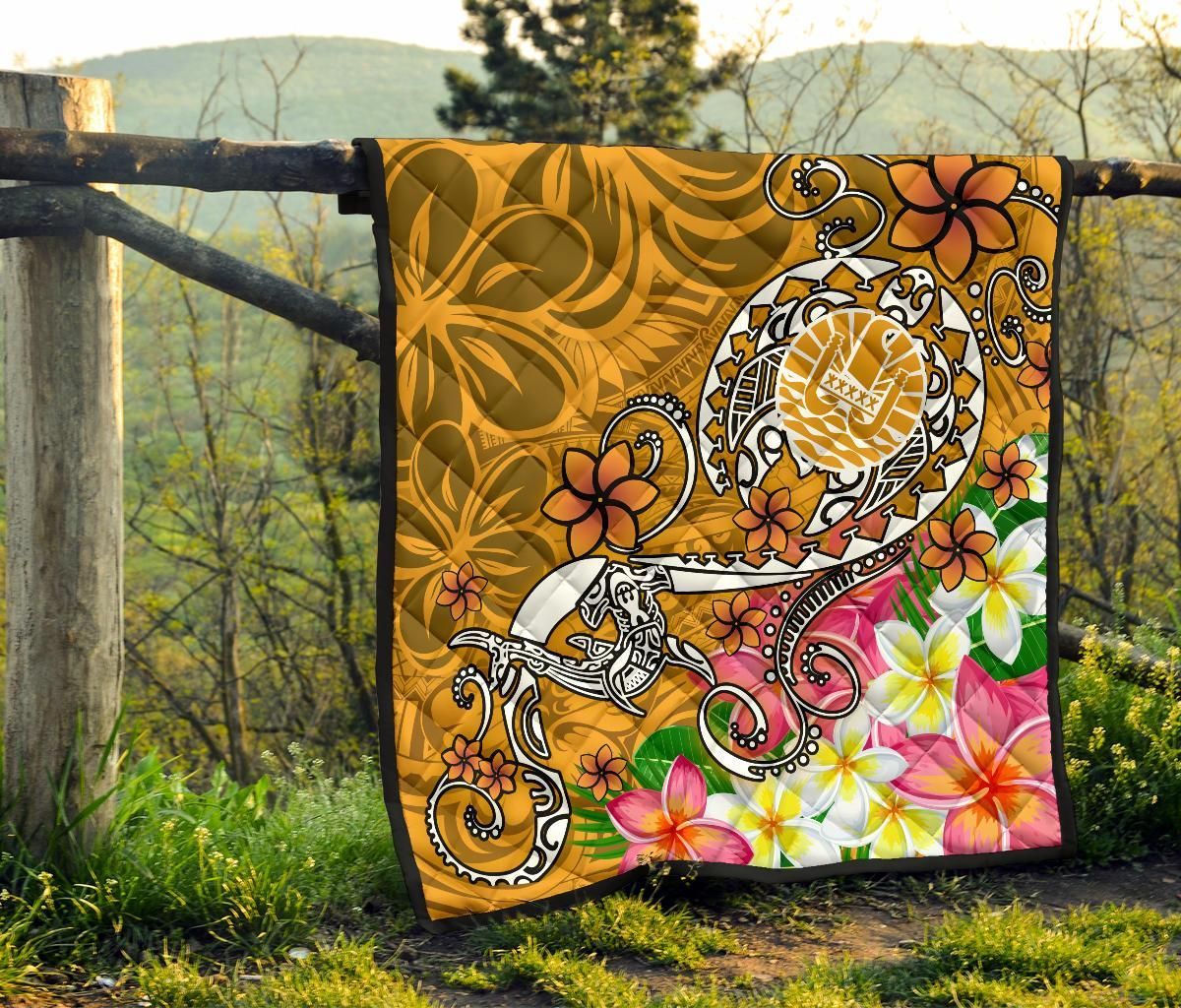 Tahiti Custom Personalised Premium Quilt - Turtle Plumeria (Gold)