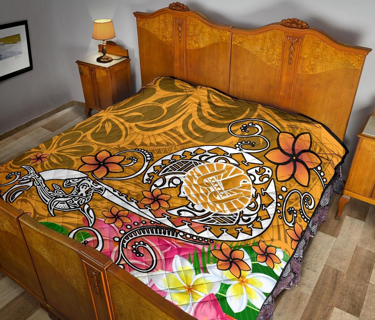 Tahiti Custom Personalised Premium Quilt - Turtle Plumeria (Gold)